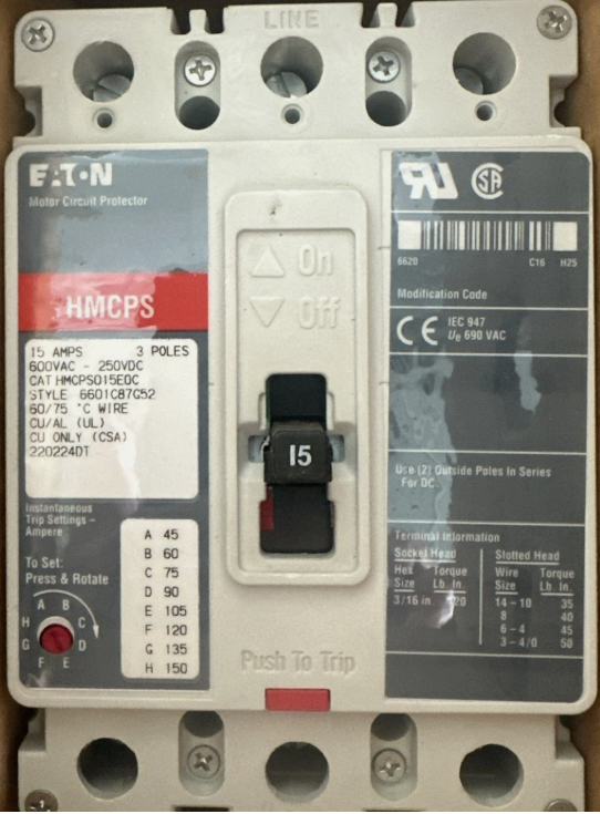 Eaton HMCPS015E0C 15Amp Circuit Breaker/Motor Circuit Protector-New in Box
