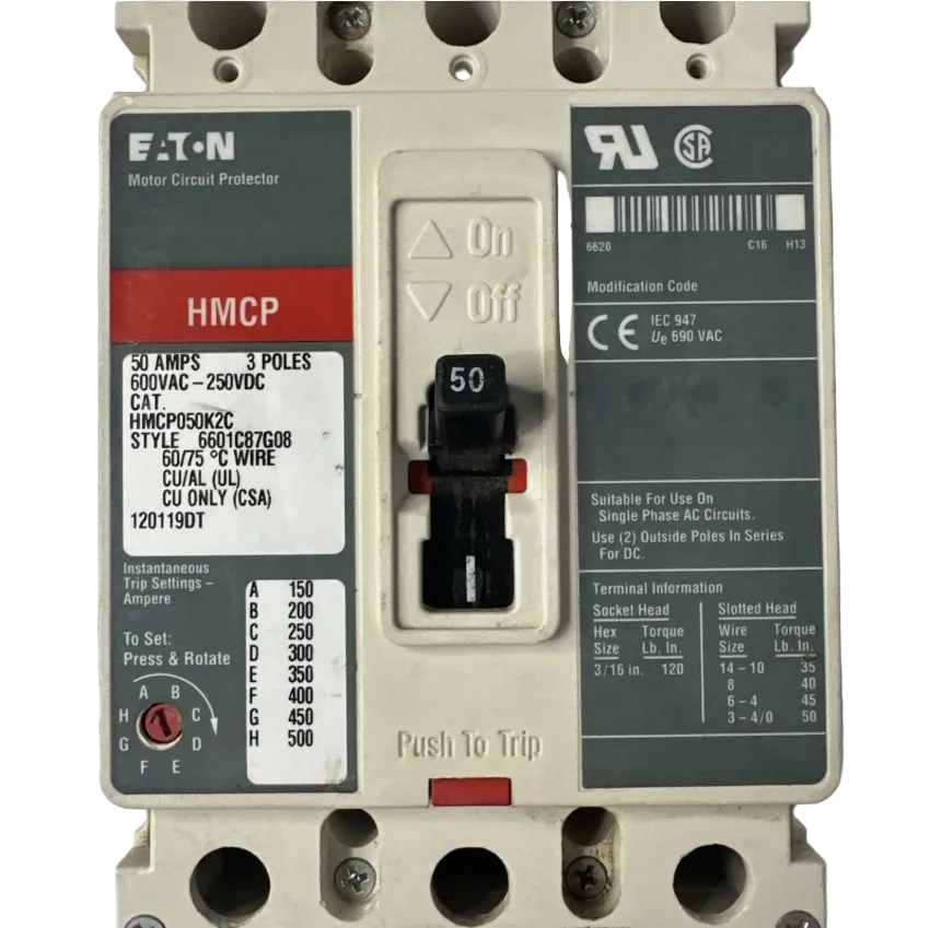 Eaton HMCP050K2C 50Amp Circuit Breaker/motor Circuit Protector-Refurbished