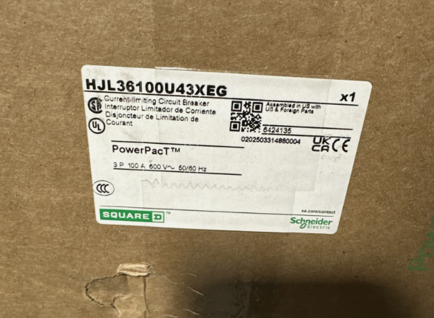 Square D HJL36100U43XEG 100A 600V Circuit Breaker-New in Box