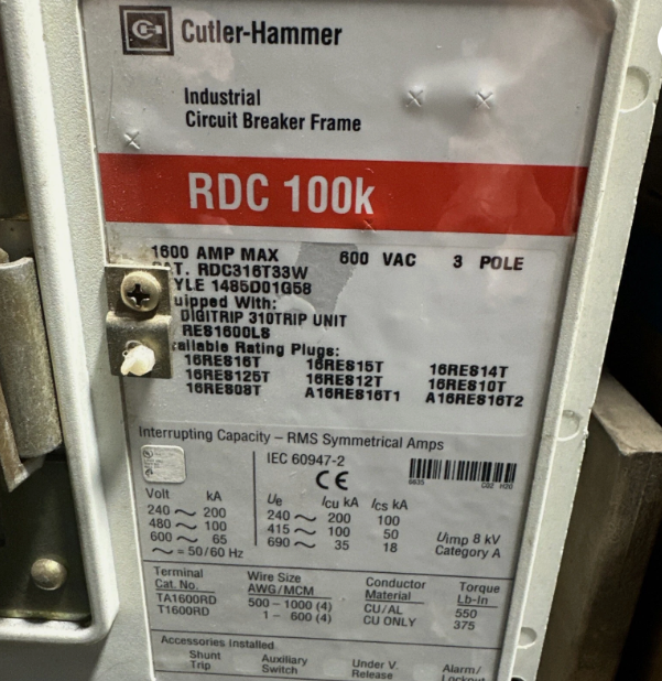 Cutler-Hammer RDC316T33W 1600A 600V Circuit Breaker- Refurbished