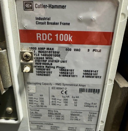 Cutler-Hammer RDC316T33W 1600A 600V Circuit Breaker- Refurbished