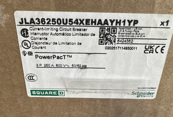 Square D JLA36250U54XEHAAYH1YP/JLA36250U54XEH  250A 600V Circuit Breaker-New in Box