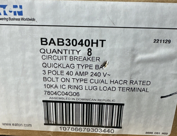 Eaton BAB3040HT Circuit Breaker 40A 240V Circuit Breaker- New Surplus