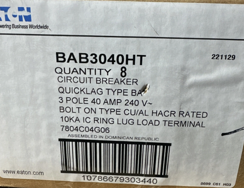 Eaton BAB3040HT Circuit Breaker 40A 240V Circuit Breaker- New Surplus