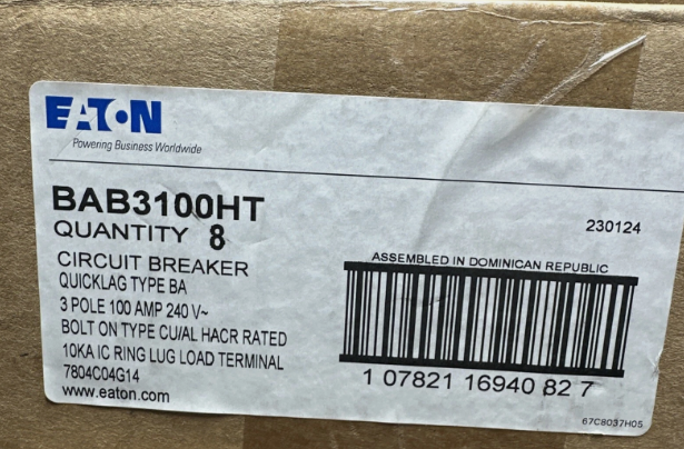 Eaton BAB3100HT 100A 240V Circuit Breaker-New Surplus