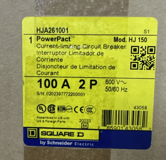 Square D HJA261001 100A 2P 600V Circuit Breaker-New In Box