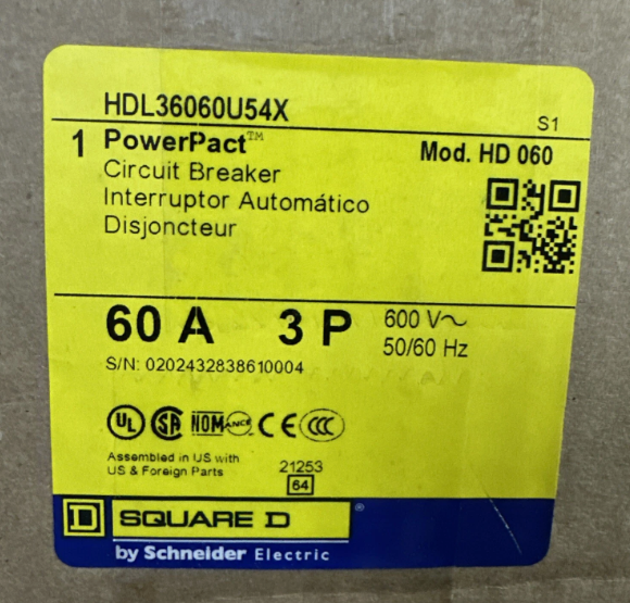 Square D HDL36060U54X Breaker 60A 3P 600V New In Factory Box