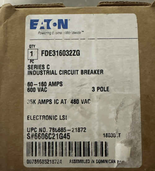 Eaton FDE16032ZG 160A 600V Circuit Breaker- New in Box