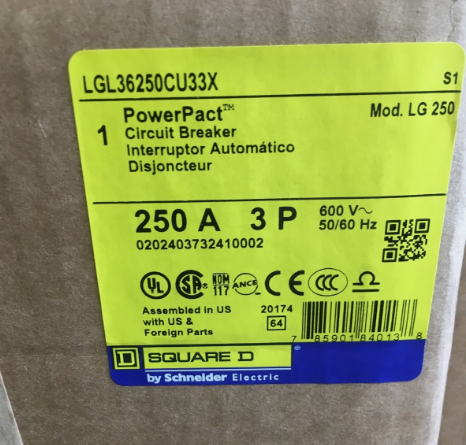 Square D LGL36250CU33X 250A 600V Circuit Breaker- New in Box
