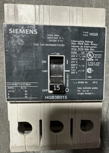 Siemens HGB3B015 15A Circuit Breaker-Refurbished