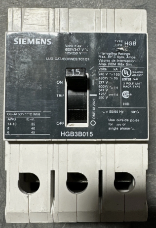 Siemens HGB3B015 15A Circuit Breaker-Surplus
