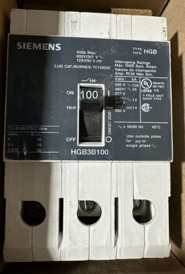 Siemens HGB3B100B 100A Circuit Breaker-New in Box