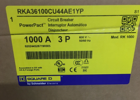 Square D RKA36100CU44AE1YP/RKA36100CU44A 1000A 600V Circuit Breaker- New in Box