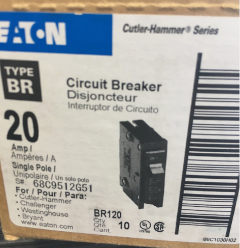 EATON BR120 20A Single-Pole Circuit Breaker-New