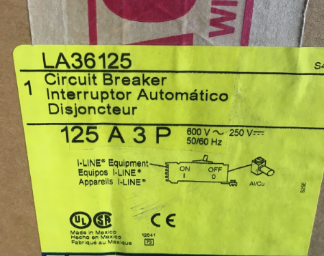 Square D LA36125 125A 600V Circuit Breaker- New in Box