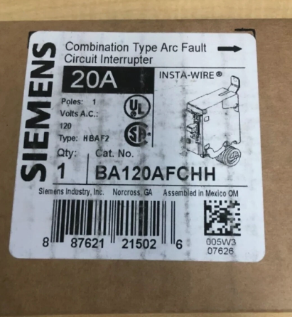 Siemens BA120AFCHH 20A Single Pole Circuit Breaker-New
