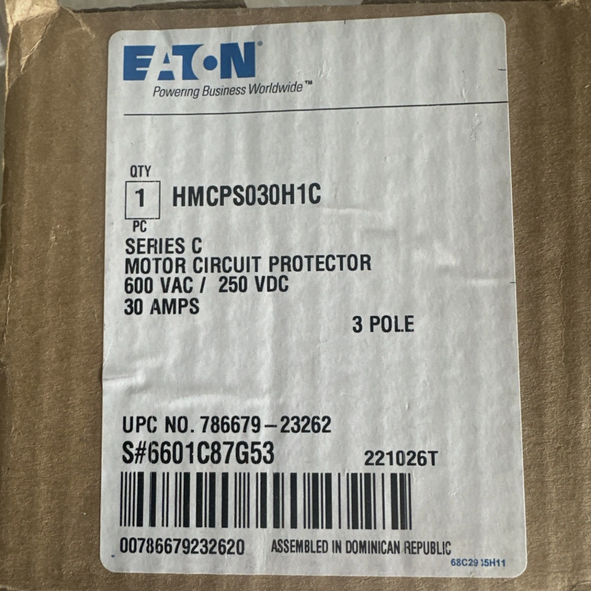 Eaton HMCPS030H1C 30Amp Circuit Breaker/Motor Circuit Protector-New in Box