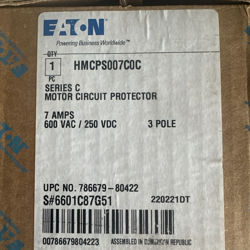 Eaton HMCPS007C0C 7Amp Circuit Breaker/motor Circuit Protector-New in Box