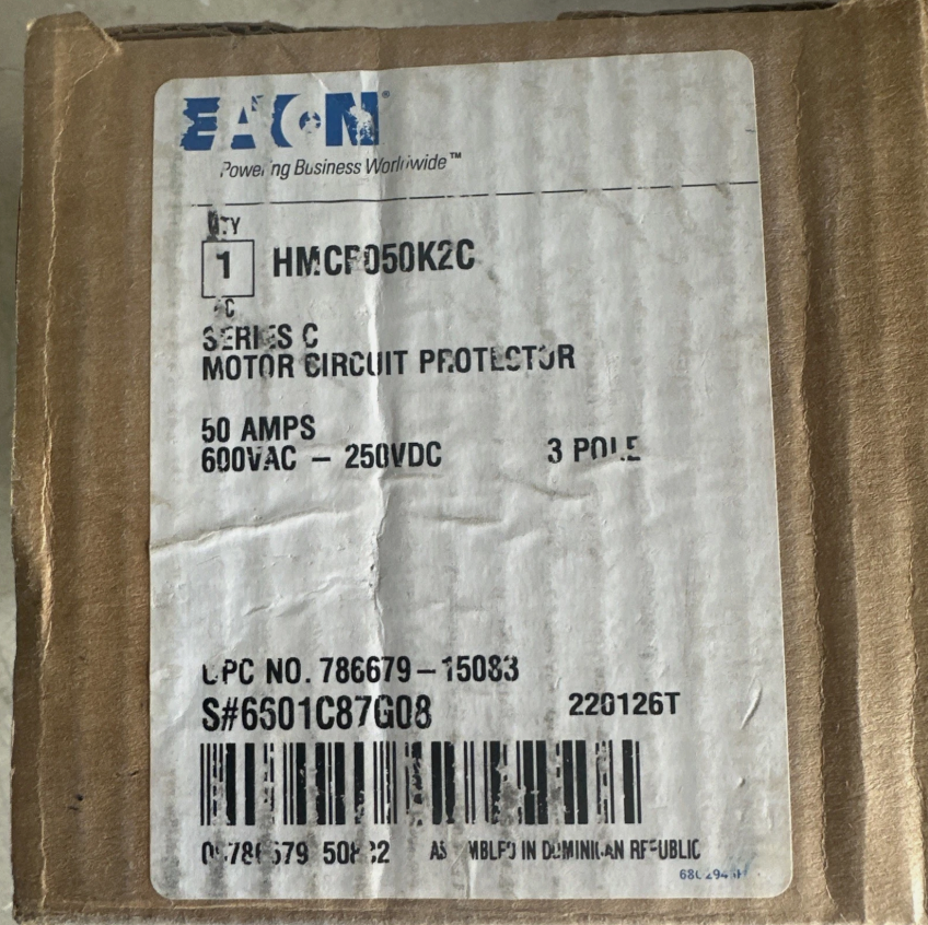 Eaton HMCP050K2C 50Amp Circuit Breaker/motor Circuit Protector-New in Box