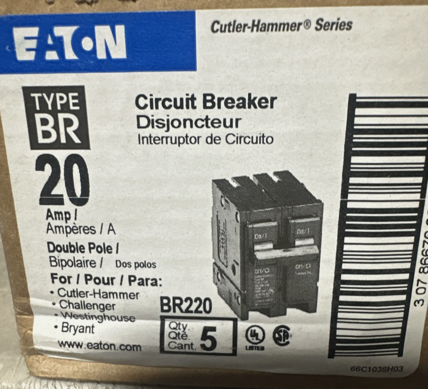 Eaton BR220 20Amp 2-Pole Circuit Breaker-New